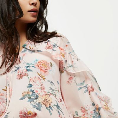 Pink floral print frill sleeve blouse